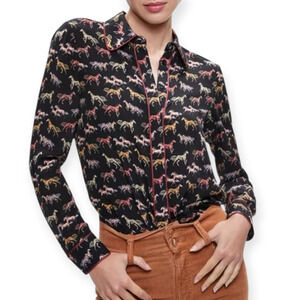 Alice + Olivia Equestrian Horse Print Willa Placket Silk‎ Top Blouse Size XS